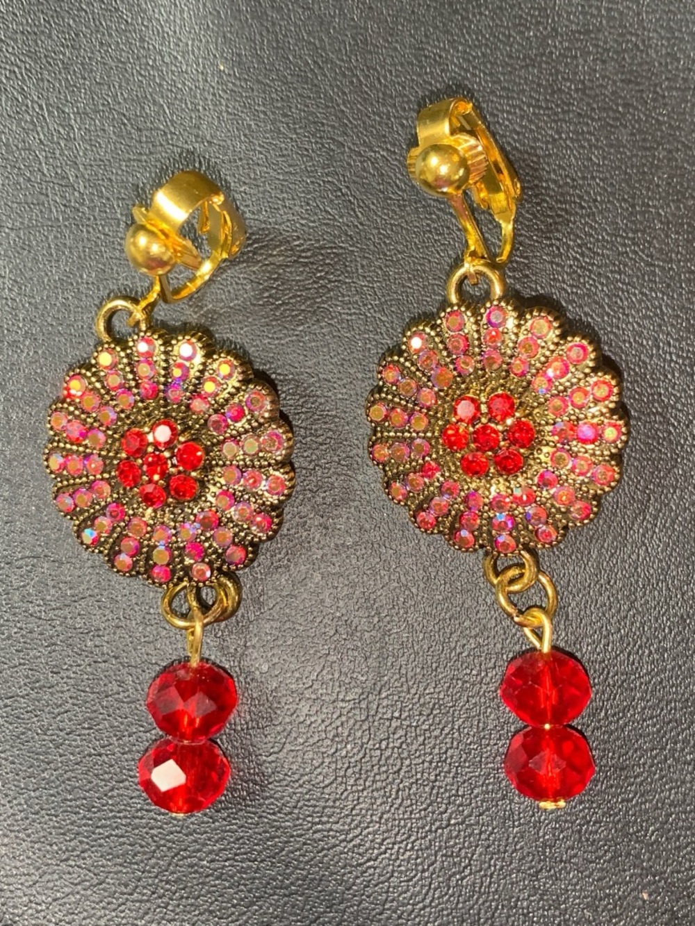 Gold-Tone Red Crystal Dangle clip on Earrings